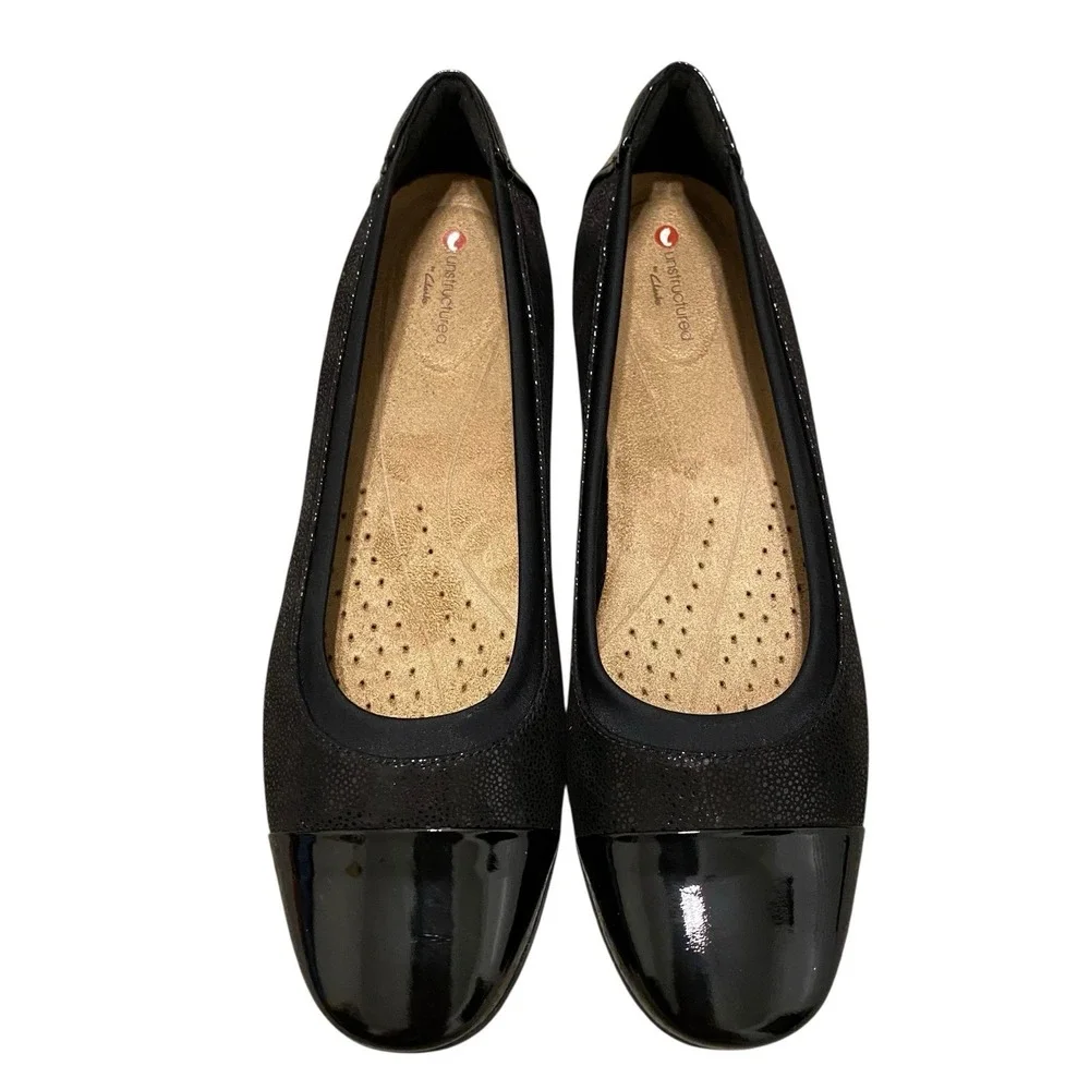 Clarks Unstructured Ballet Shoes Size 9N EU40 Black Flats Glossy Leather Comfort